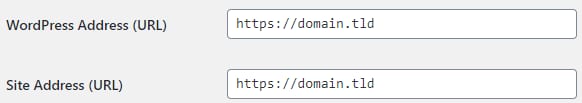 WordPress URL field with https://domain.tld highlighted above Site Address URL field