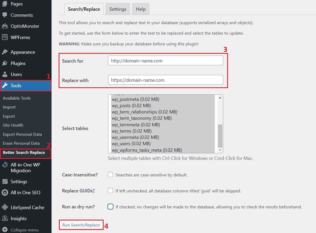 WordPress Better Search Replace tool with Tools menu, search/replace fields, and Run Search/Replace button highlighted