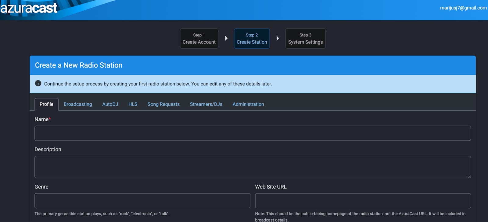AzuraCast create station setup screen with Step 2 Create Station highlighted
