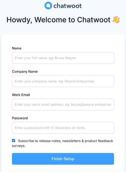 Chatwoot signup form with Finish Setup button and newsletter subscription checkbox selected