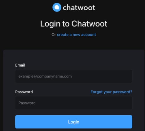 Chatwoot login screen with email, password fields and Login button