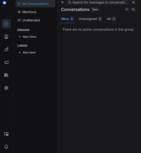 Chatwoot dashboard with the Conversations section selected and no active conversations shown