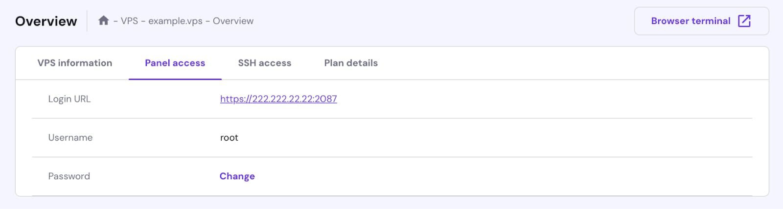 VPS panel access tab with login URL, username root, and Change password link