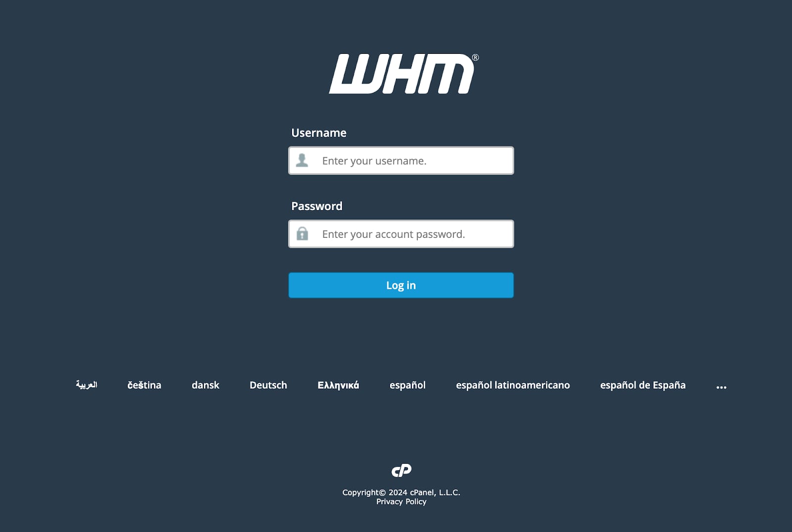 WHM login screen with username and password fields and a Log in button