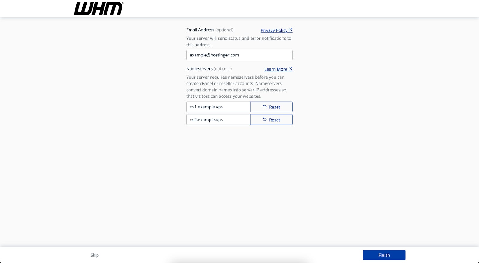 WHM VPS setup showing nameserver fields and a Finish button
