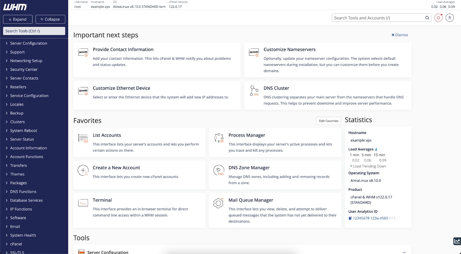 WHM dashboard showing Important next steps and Favorites with server statistics panel