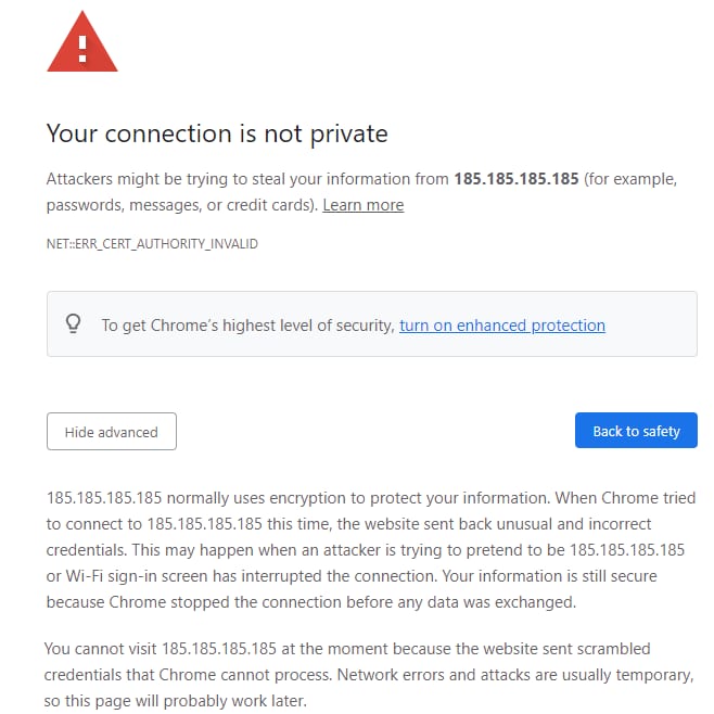 Chrome privacy warning page with Back to safety button highlighted