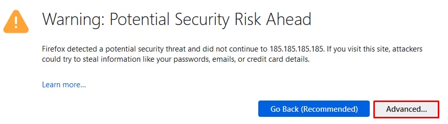 VPS Firefox security warning with the Advanced button highlighted