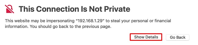 VPS browser warning: This Connection Is Not Private with the Show Details button highlighted