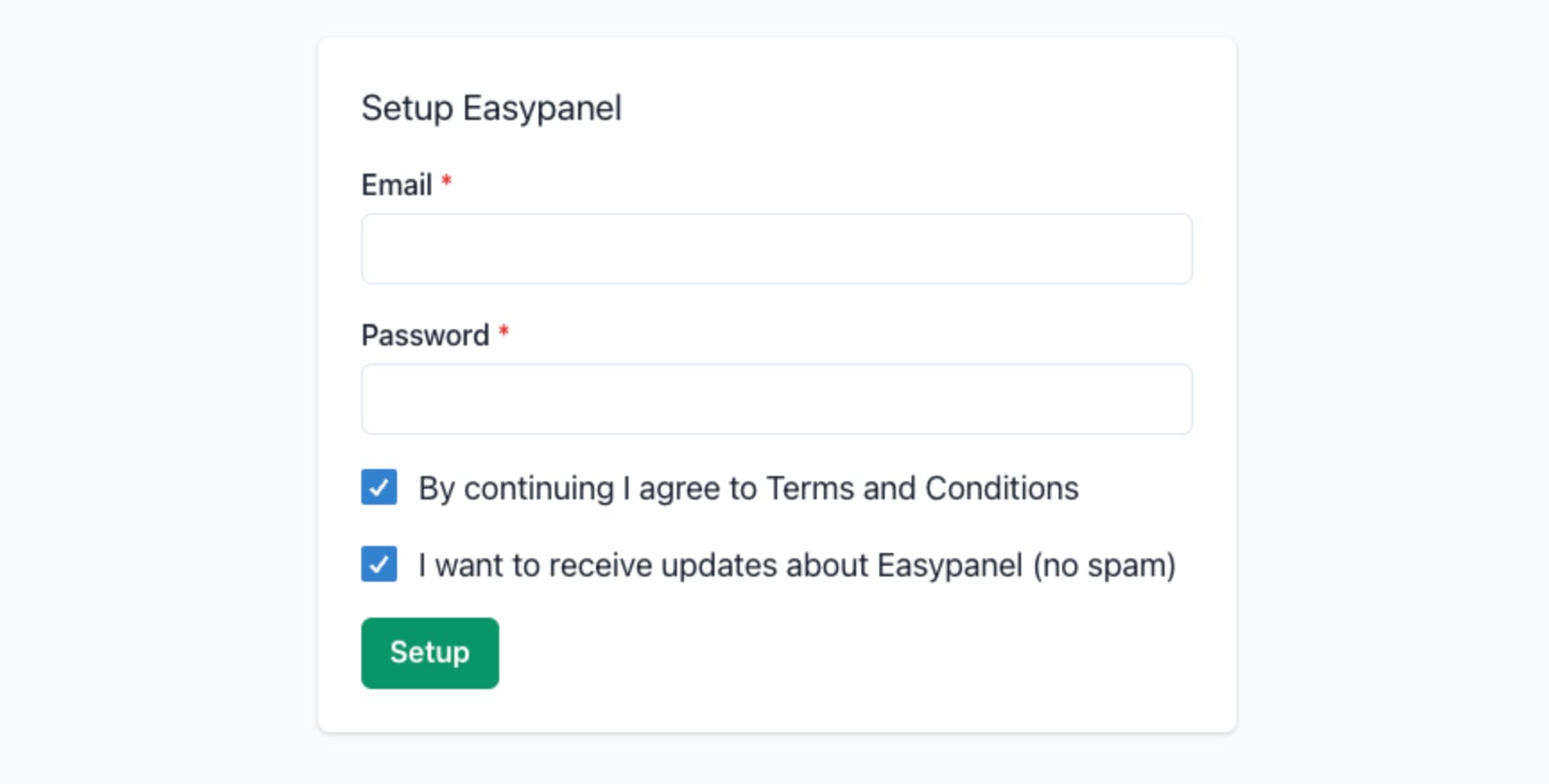 Easypanel setup form with email and password fields, checked terms checkbox, and Setup button