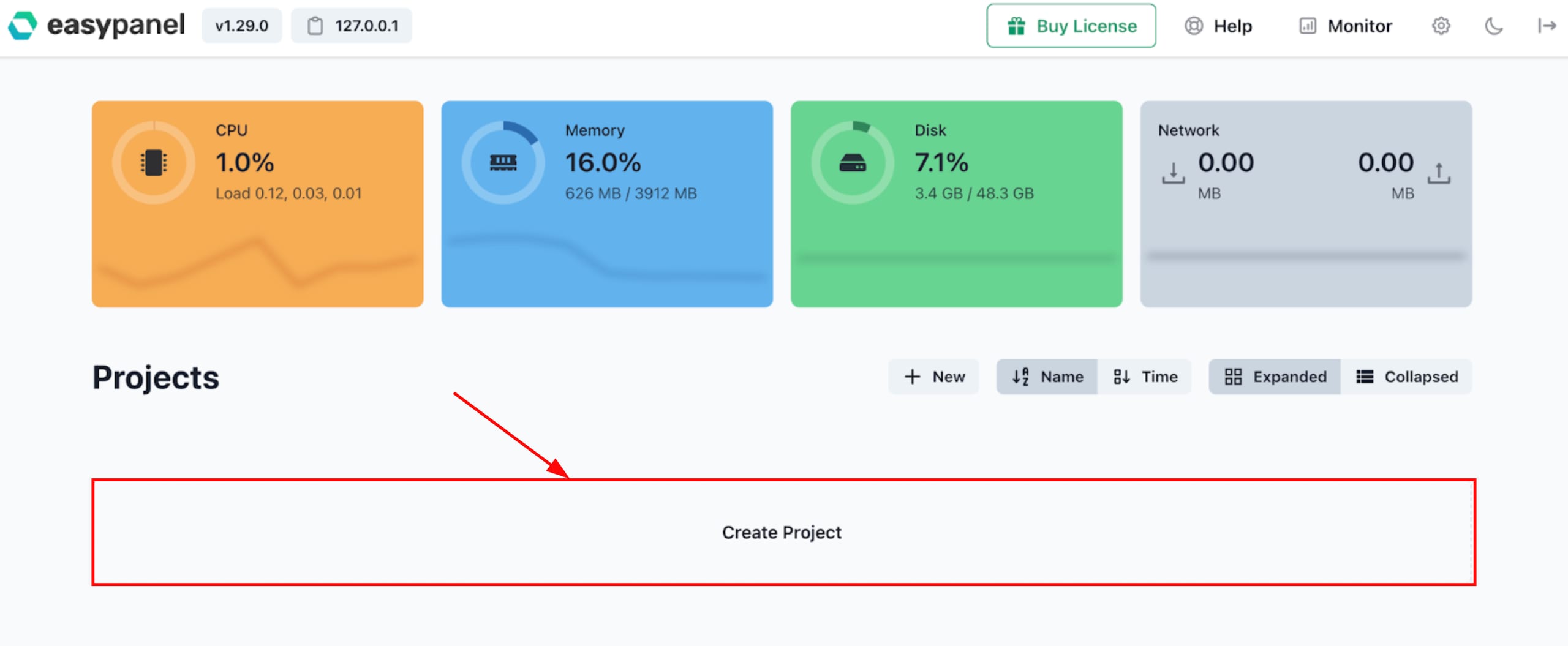 Easypanel VPS dashboard with the Create Project area highlighted