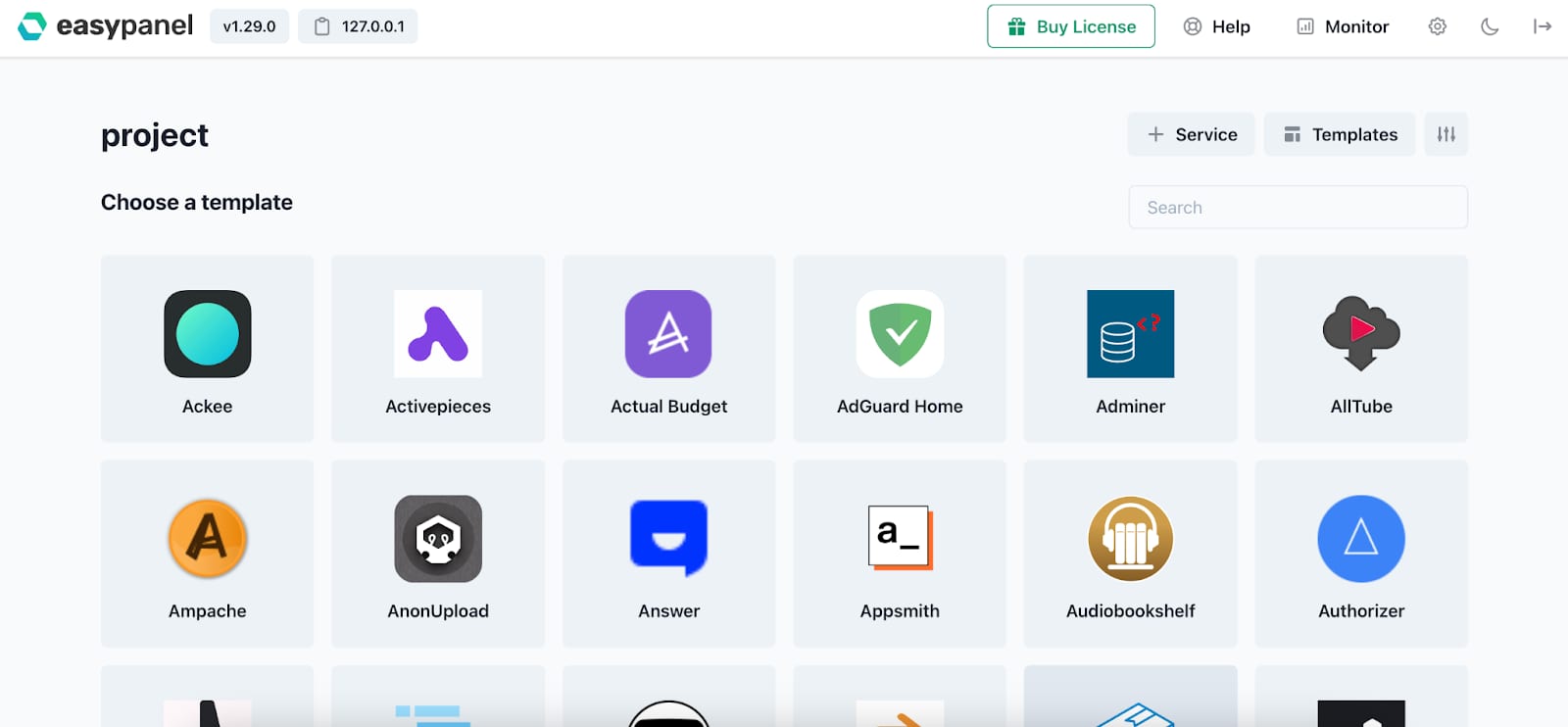 Easypanel project template gallery with a search box and template tiles