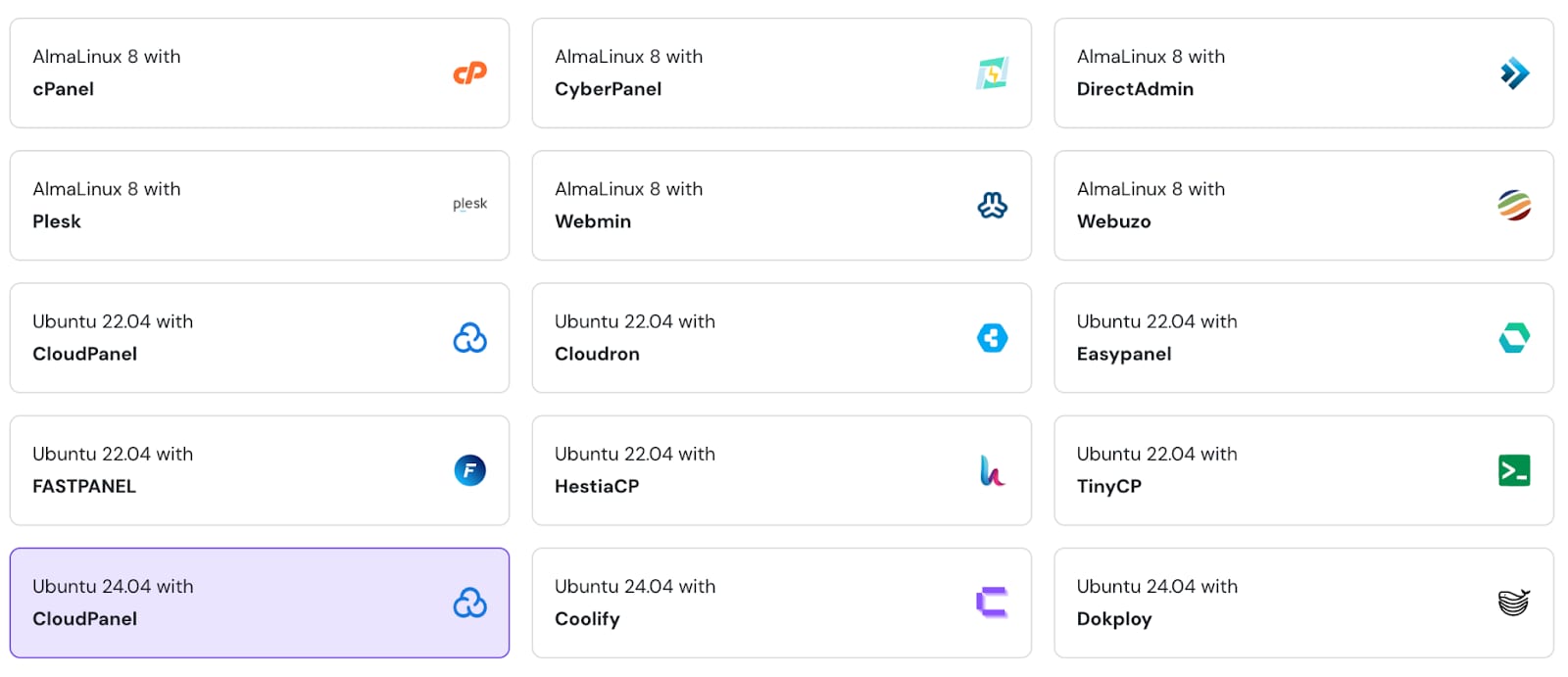 VPS template grid with Ubuntu 24.04 CloudPanel selected