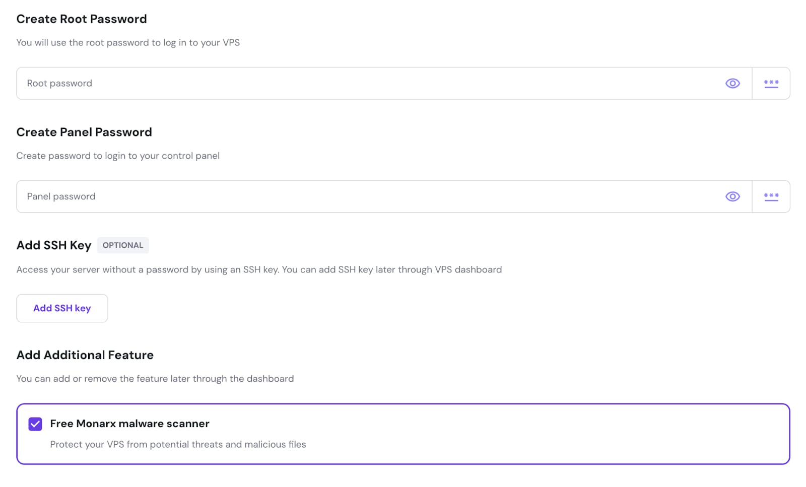 VPS setup screen with selected Free Monarx malware scanner option