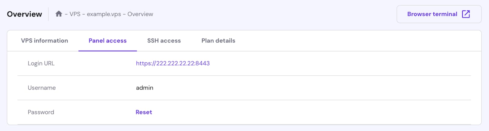 VPS Panel access tab with login URL, username admin, and password reset link