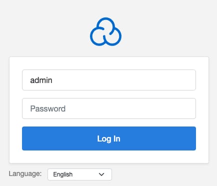CloudPanel login screen with admin username field and Log In button