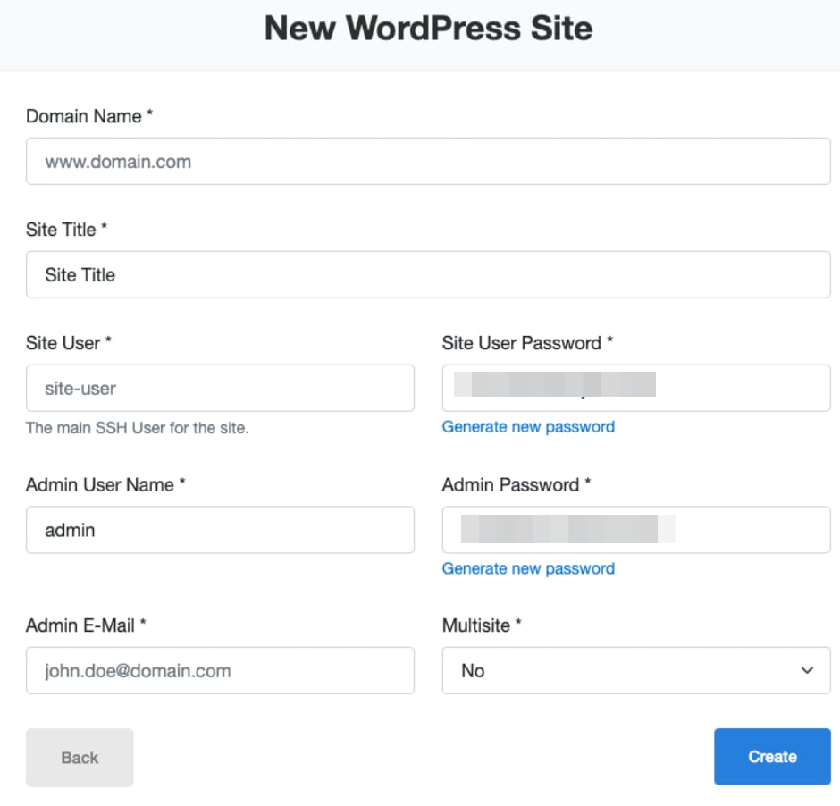 WordPress site creation form with domain, title, user, password, email, and Create button