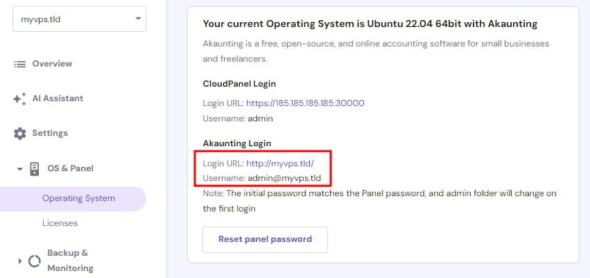 Akaunting VPS login URL and username in highlighted box on Hostinger panel