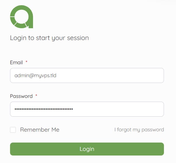Akaunting login page with email and password fields, Remember Me checkbox, and Login button