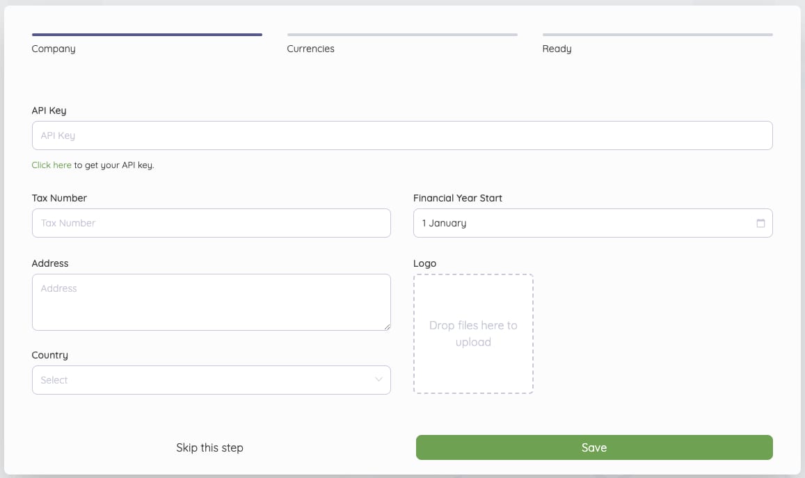 Akaunting setup form with company details fields, logo upload box, and Save button highlighted