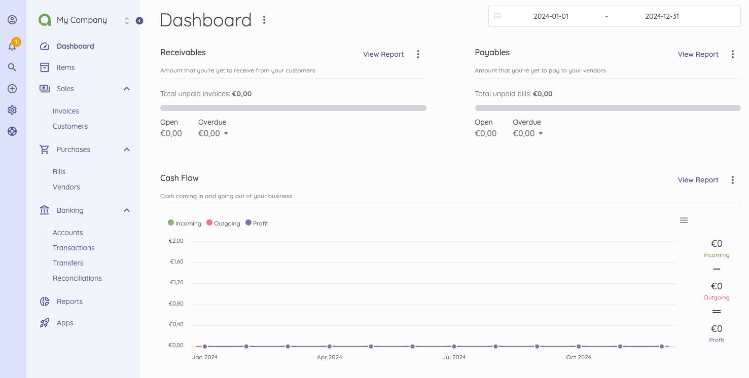 Akaunting dashboard with cash flow chart and zero receivables and payables balances