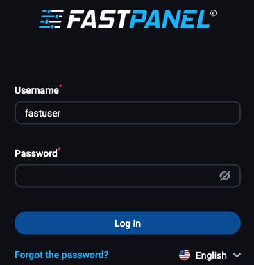 FASTPANEL login screen with username and password fields and Log in button