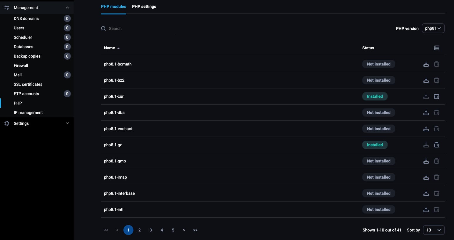 FASTPANEL VPS PHP modules list with php8.1-curl and php8.1-gd marked installed
