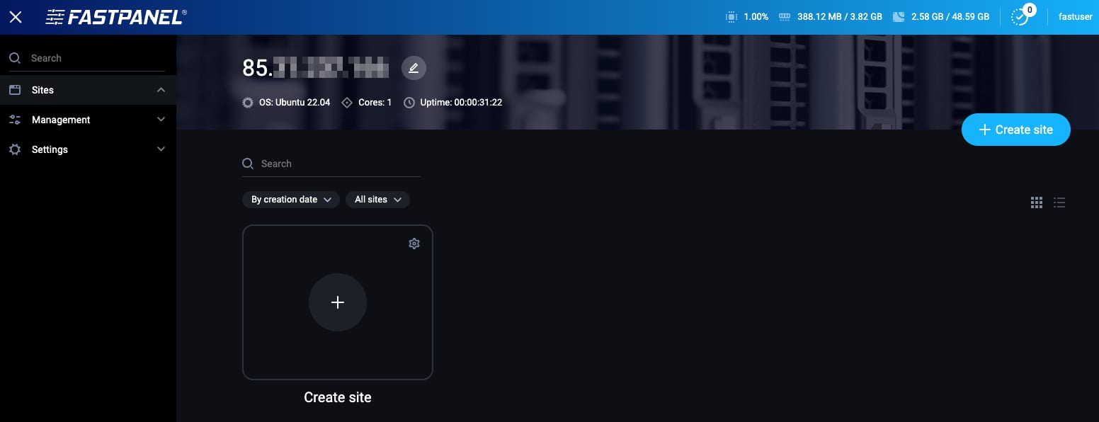 FASTPANEL VPS dashboard with the Create site tile highlighted in the center