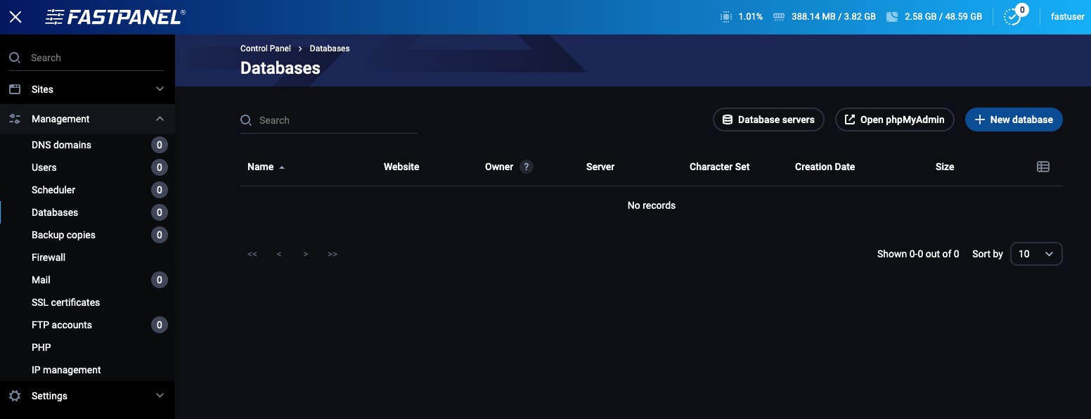 FASTPANEL database page with the New database button highlighted