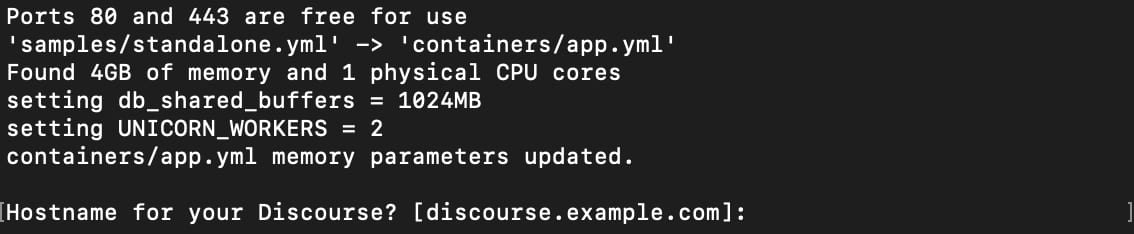 VPS terminal prompt asking for the Discourse hostname, with memory settings already updated