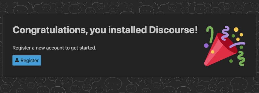 Discourse welcome screen with Register button to create a new account