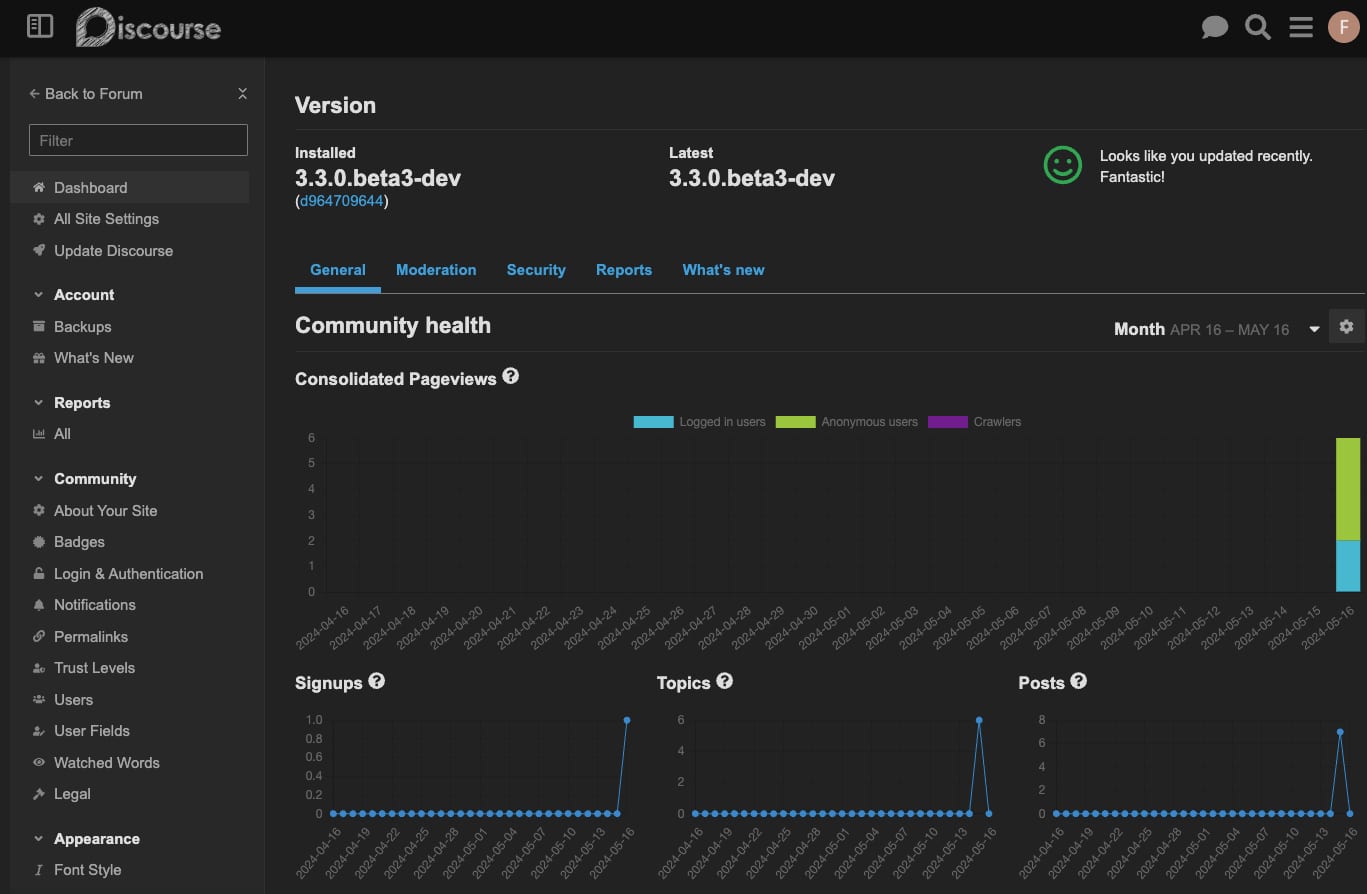 Discourse admin dashboard showing version and community health charts