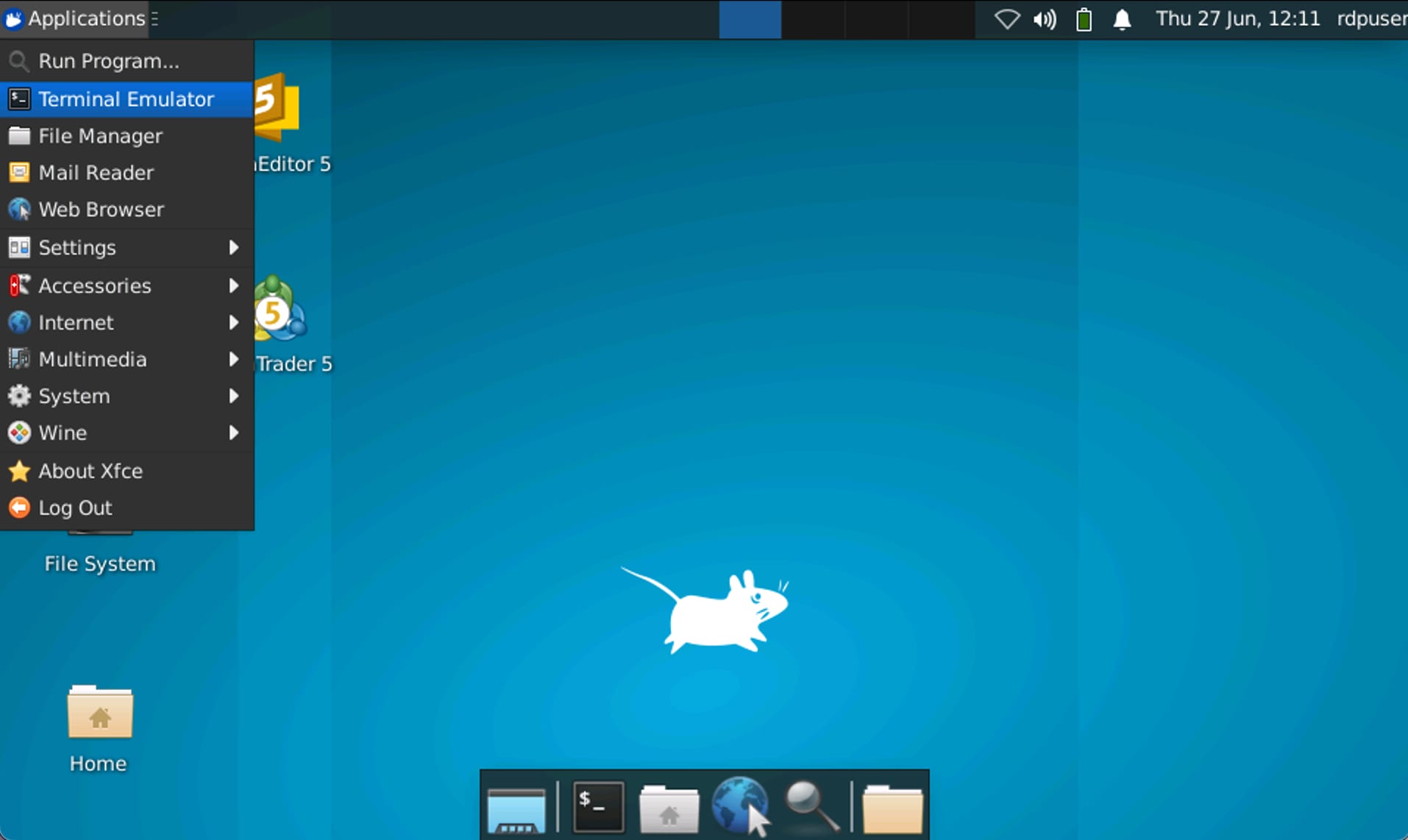 Hostinger VPS XFCE menu with Terminal Emulator highlighted under Applications