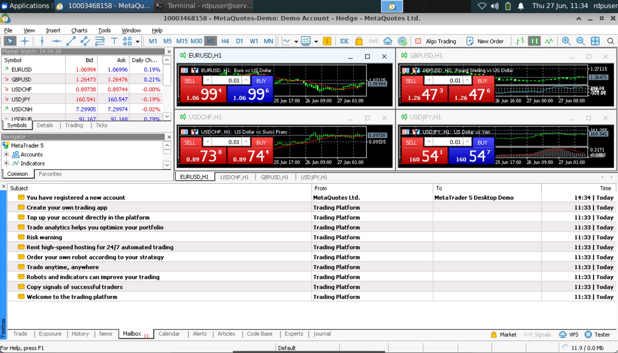 MetaTrader 5 trading platform with VPS icon visible in the bottom-right toolbar