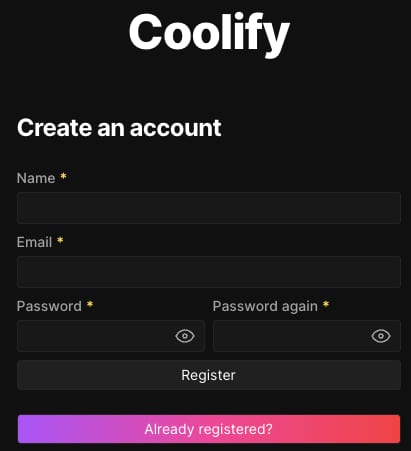 Coolify account creation form with Name, Email, Password fields and Register button