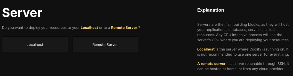 Coolify server selection screen with Localhost and Remote Server options
