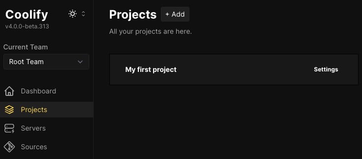 Coolify dashboard with the Projects menu item highlighted in the left sidebar
