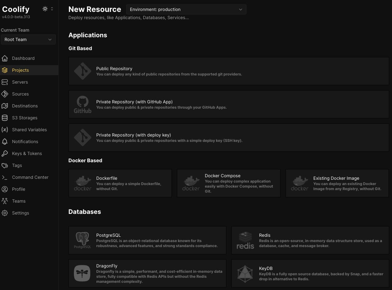 Coolify New Resource page with application, Docker, and database deployment options