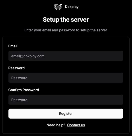 Dokploy setup server registration form with email, password, and confirm password fields, plus Register button