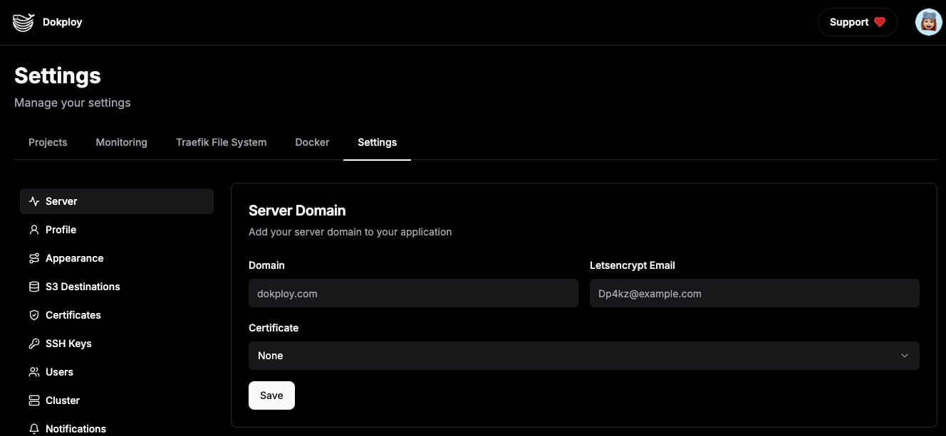 Dokploy settings page with Server menu selected and Server Domain form visible