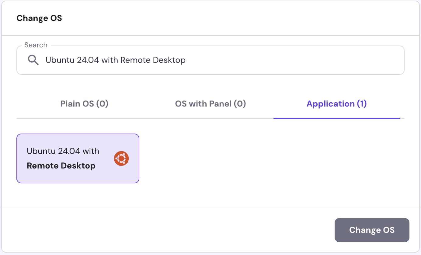VPS OS change screen with Ubuntu 24.04 with Remote Desktop selected in Application tab