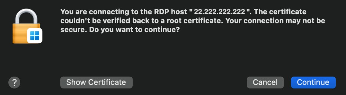 VPS RDP certificate warning dialog with Continue button highlighted
