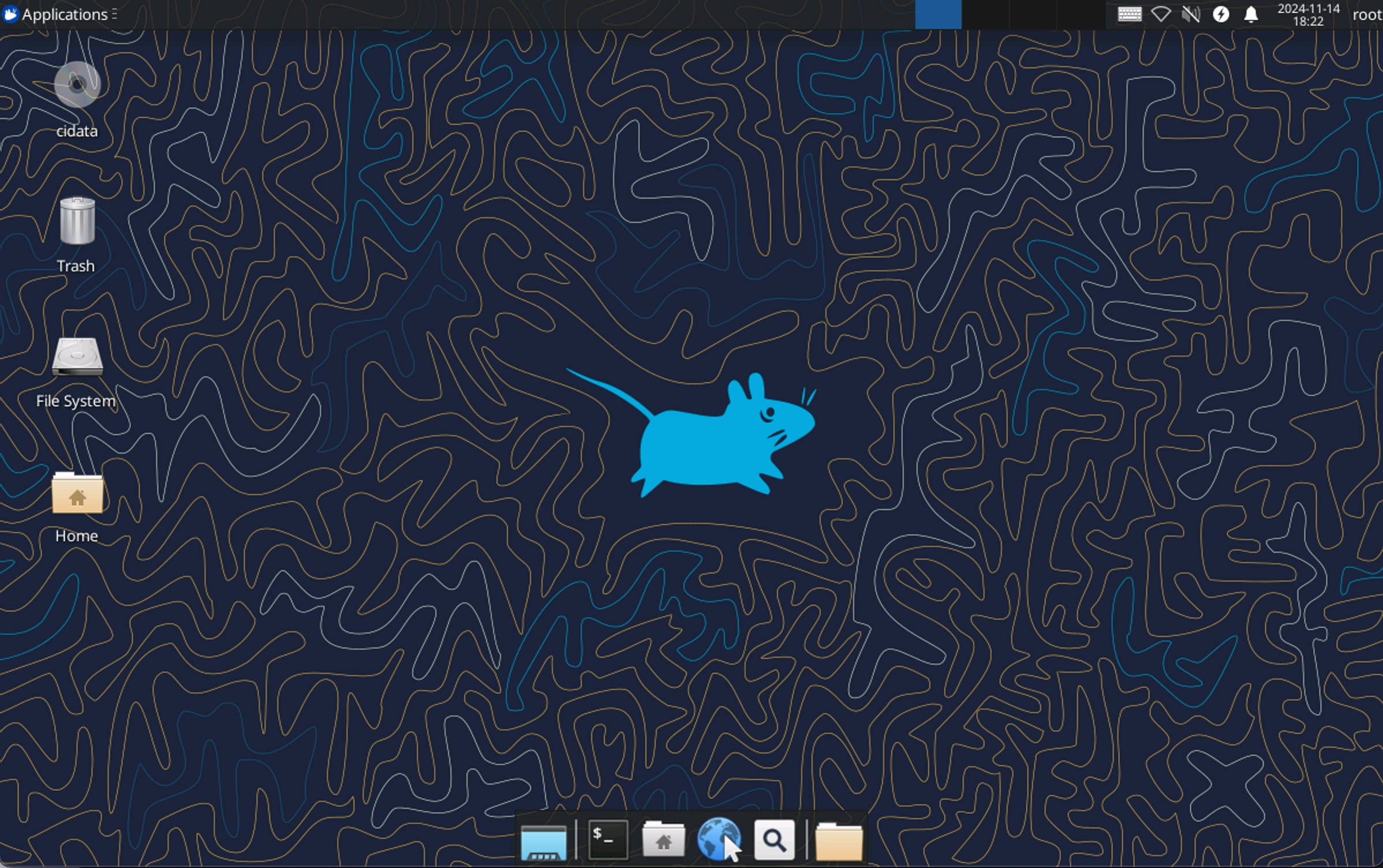 Ubuntu VPS desktop with mouse wallpaper and desktop icons on the left, dock centered at the bottom