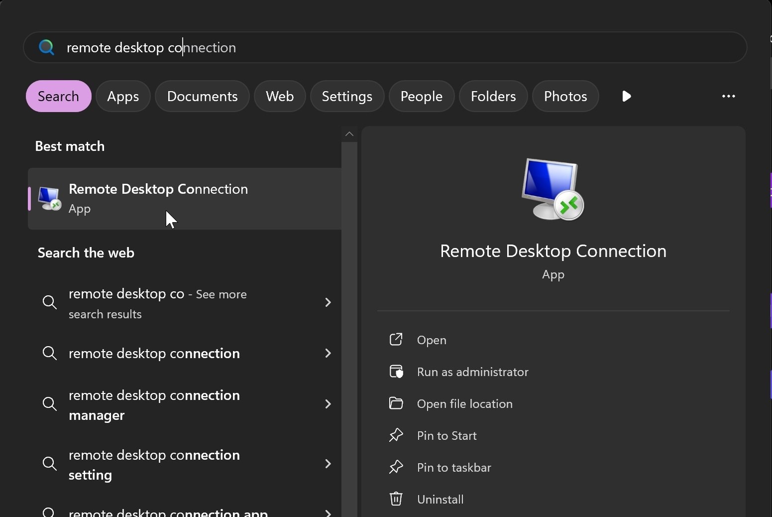 Windows search showing Remote Desktop Connection app as best match