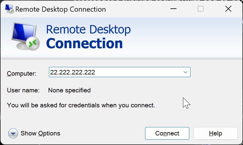 Remote Desktop Connection window with IP address entered in Computer field