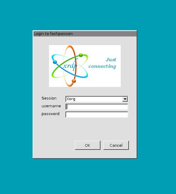 xrdp login window with Session set to Xorg, username and password fields, and OK button