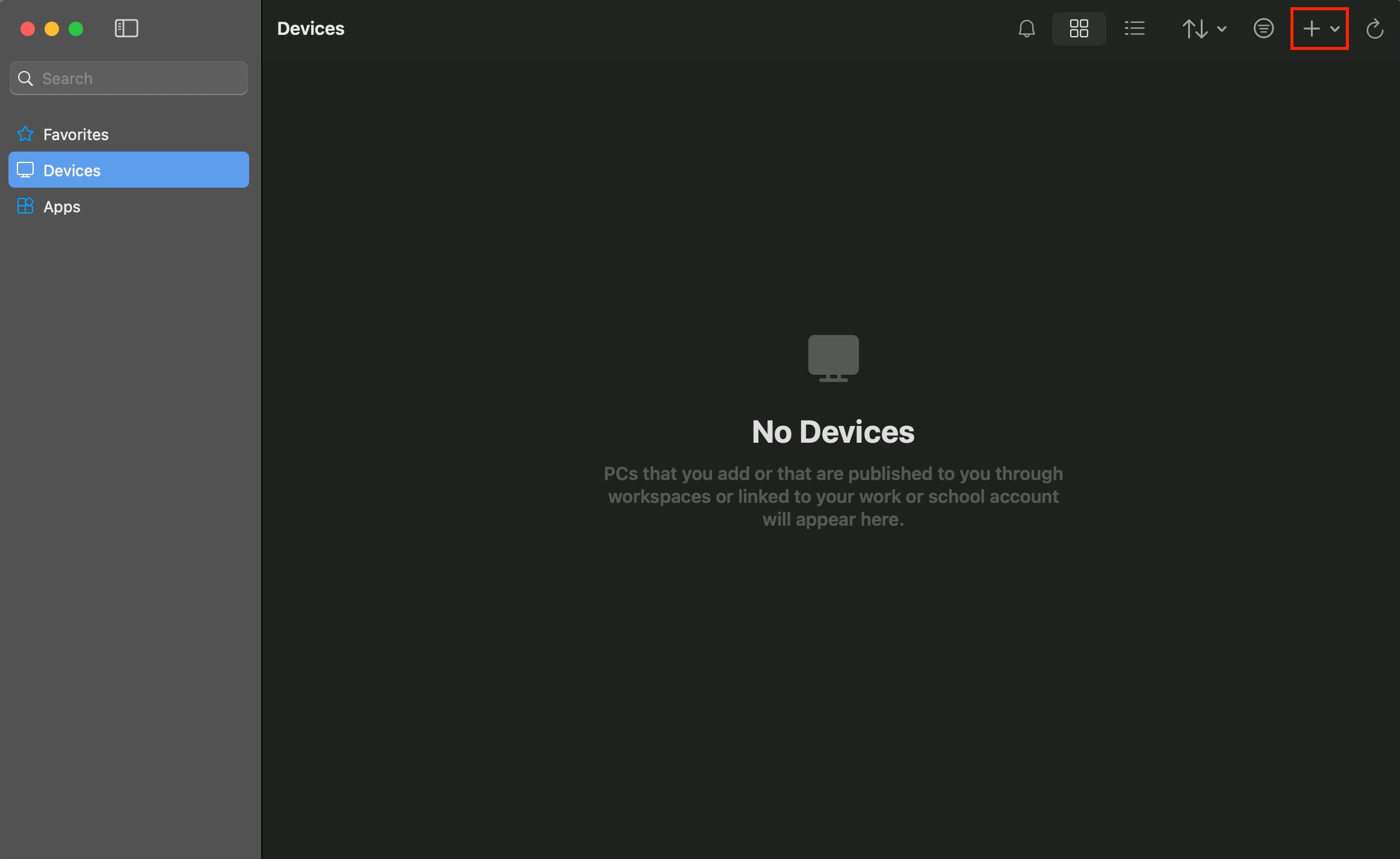 Devices page with the plus button highlighted in the top-right corner