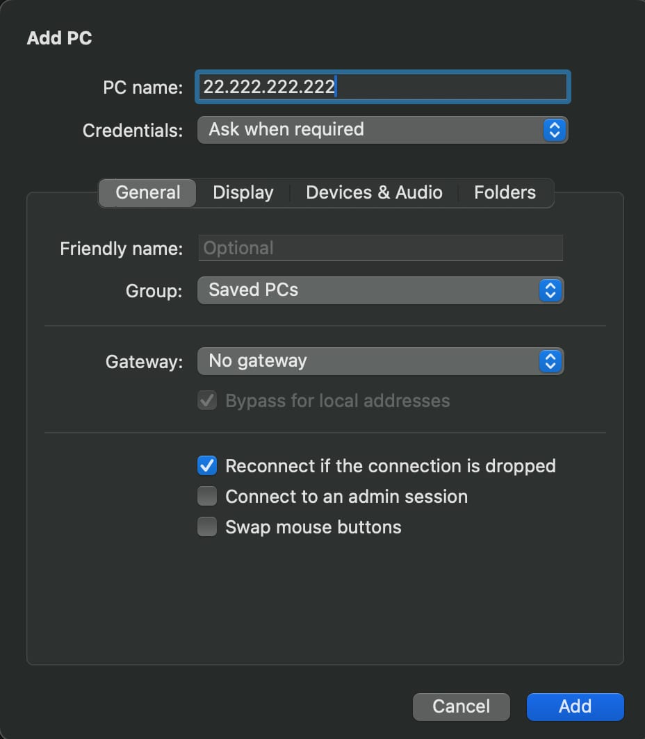 Remote Desktop add PC dialog with PC name IP field selected and filled with 22.222.222.222