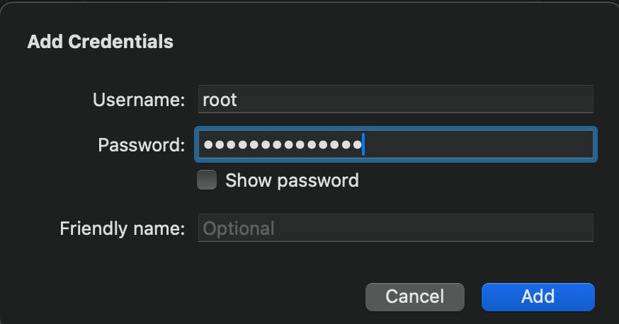 VPS add credentials dialog with password field selected and username root