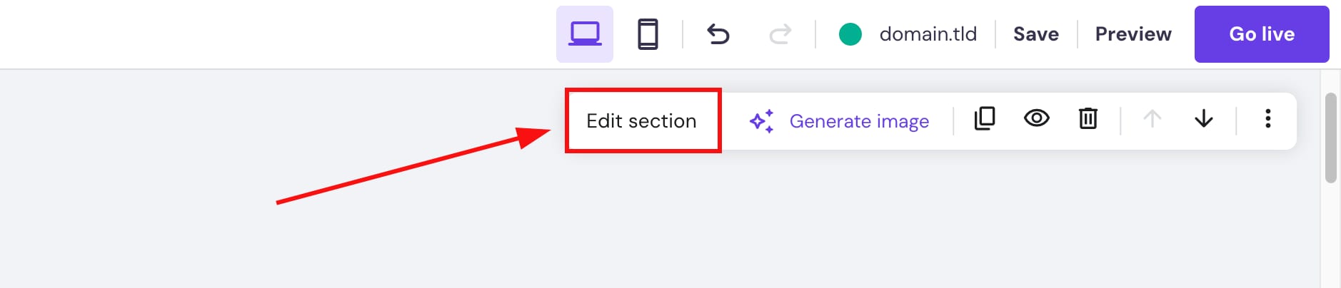 Hostinger Website Builder section toolbar with Edit section highlighted
